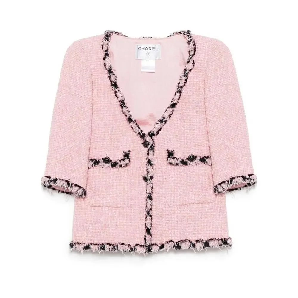 2007 CHANEL FR-34 Vintage 07P TWEED Pink Black Jacket Trim CC logo Buttons US-2 - Picture 11 of 15